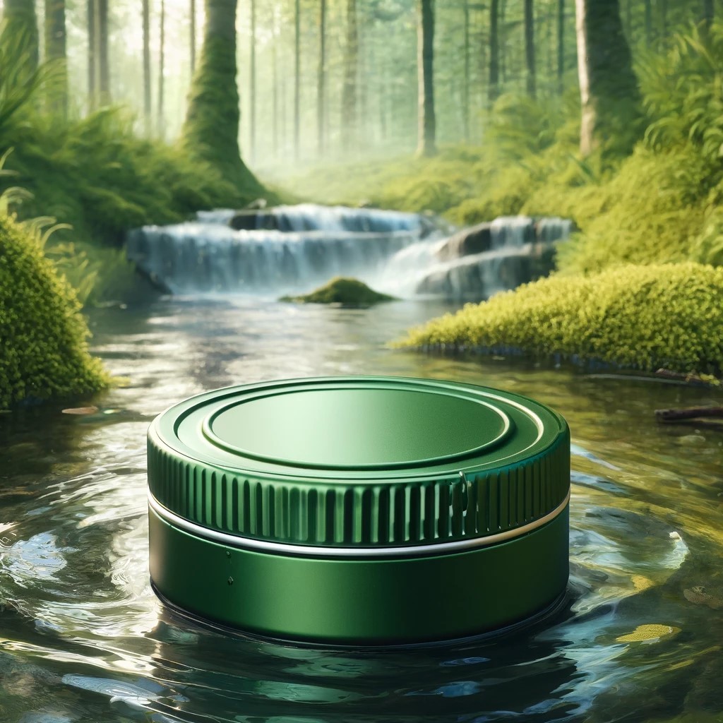 A deep green, round, metal snus can box with a waterproof appearance.jpg